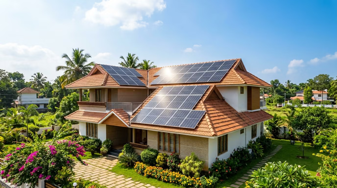 Rooftop solar panels installed on a house in Kanyakumari